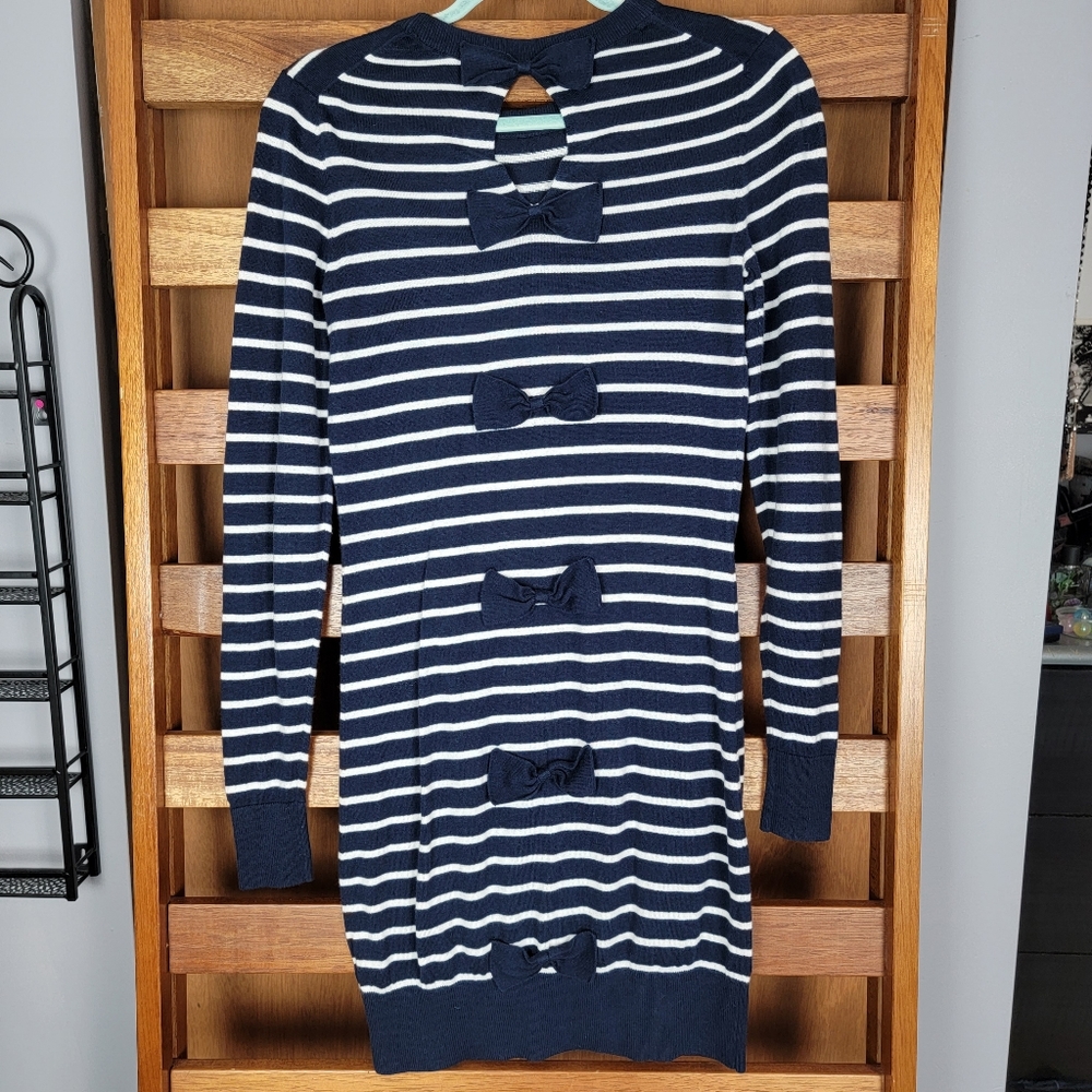French Connection Navy and White Striped Long Sleeve Bow Sweater Dress